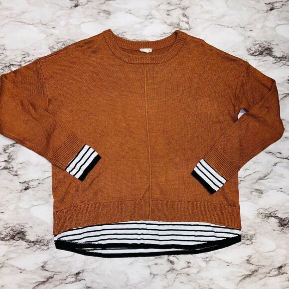 Hem & Thread Sweater with Striped False Under Shirt Brown Women S Grandmacore - Picture 1 of 5